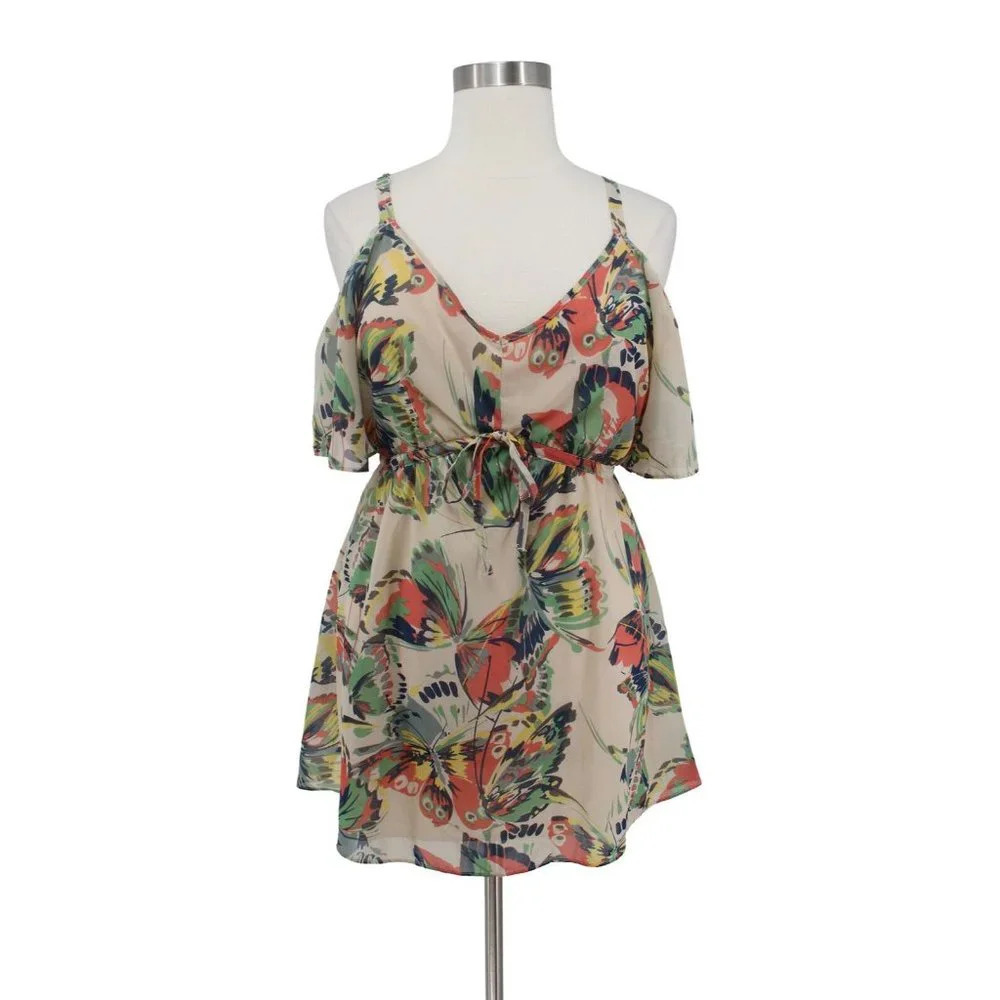 Simply Be Beige Butterfly Print Chiffon Drawstring Waist Tunic Top Plus Size 16